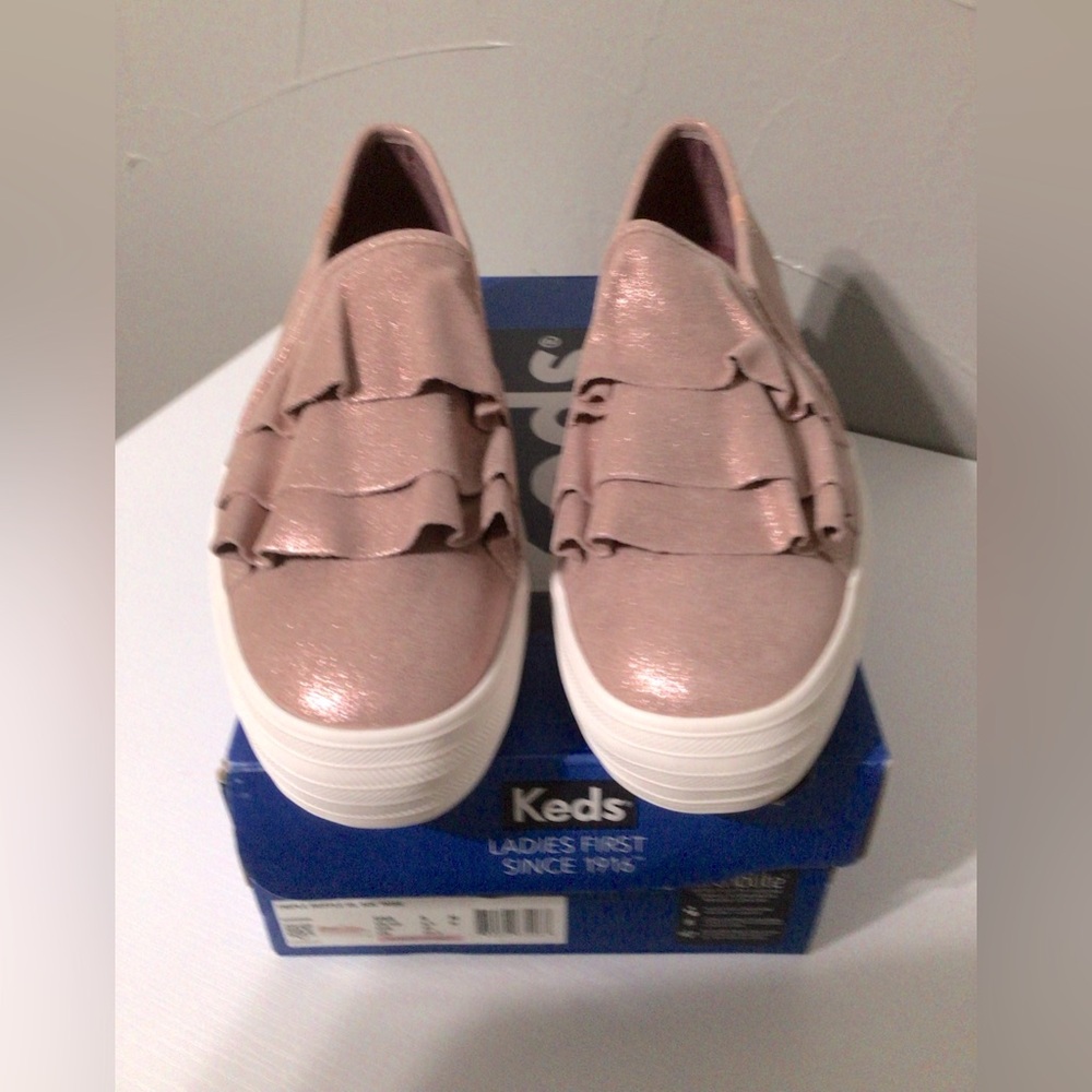 KEDS-Platform Slip on Sneakers-Triple Ruffle Suede Canvas Metallic Pink- Size 9